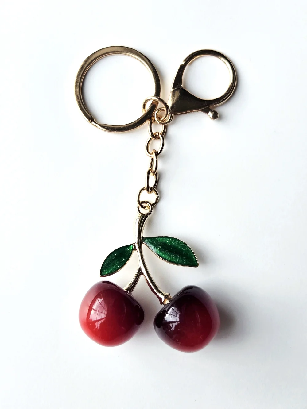 Resin Glossy Red Ombre Cherries Bag Charm Gold Keychain Hardware